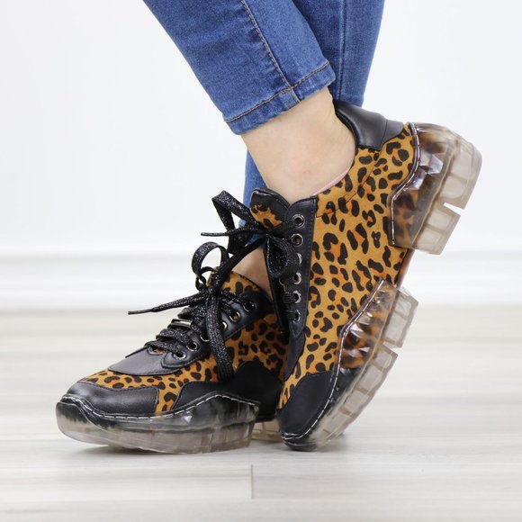 Animal Leopard Print Women's Fashion Chunky Heel Sneakers Shoes - Picture 8 of 15